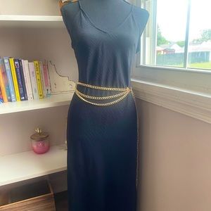 Black slip dress + gold body chain
